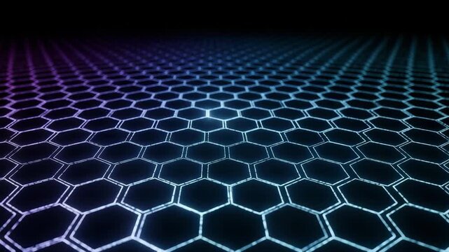 Futuristic Hexagon Grid with Glowing Blue and Purple Lights, Digital Technology Background.