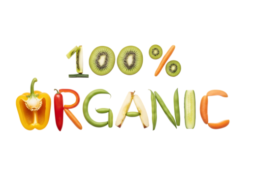 The word organic spelled out with fresh fruits and vegetables, including kiwi, carrot, bell pepper, chili, green beans, and orange slices isolated on transparent background