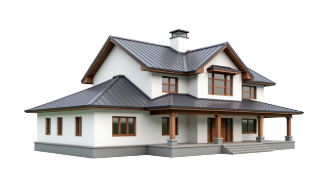 Modern house design features spacious exterior with gabled roof, wooden accents, and large windows, creating inviting atmosphere