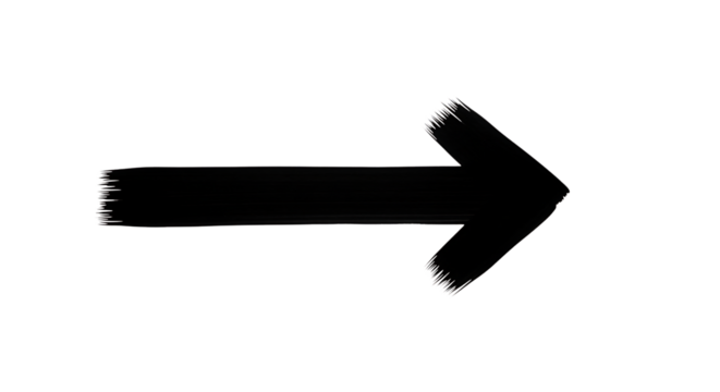 Black arrow painted with a brush, pointing to the right, isolated on transparent background