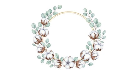 Obraz premium Delicate Watercolor Wreath of Cotton Bolls and Eucalyptus on a Thin Gold Frame.