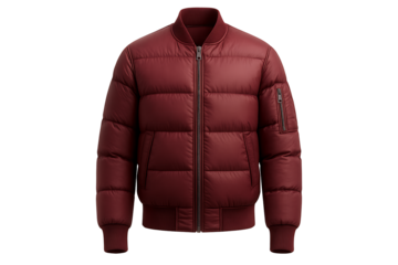 Burgundy puffer bomber jacket isolated on transparent background