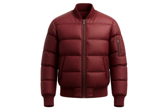 Burgundy puffer bomber jacket isolated on transparent background