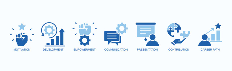 Growth Drive Icon Set Isolated Vector With Icon Of Motivation, Development, Empowerment, Communication, Presentation, Contribution, Career Path In Two Color Glyph Style