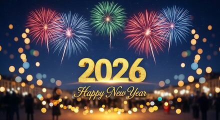 Vibrant new year 2026 fireworks display illuminating a celebratory crowd with bokeh lights