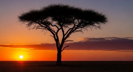 Fototapeta premium Lone Acacia Tree Silhouette Against a Radiant Orange and Purple Sunset