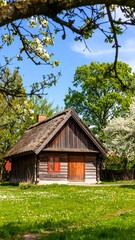 Obraz premium Quaint wooden cottage with thatched roof, spring blossoms
