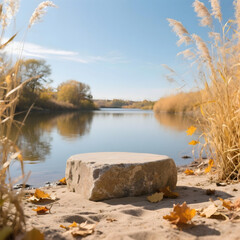 Tranquil Natural Stone Display Platform: A serene natural scene featuring a stone display platform gracefully positioned along the tranquil waterside.