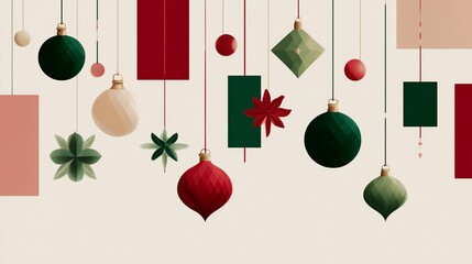 Colorful Christmas ornaments hanging against a light background in a festive arrangement