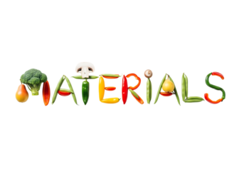 The word materials spelled out with fresh vegetables and fruits isolated on transparent background
