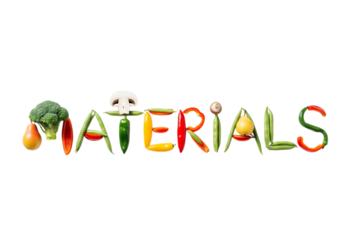The word materials spelled out with fresh vegetables and fruits isolated on transparent background