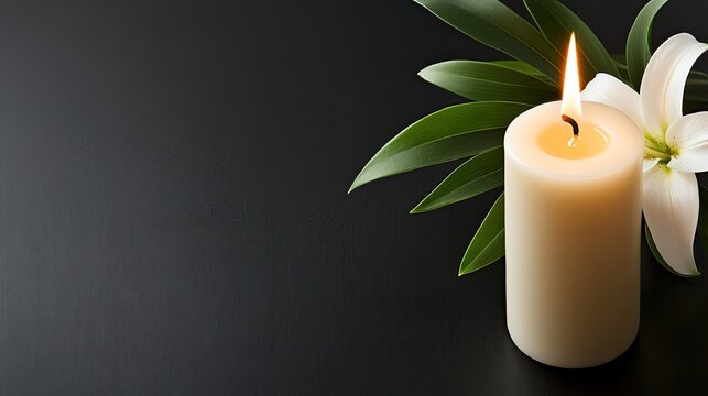 A serene white lily alongside a flickering candle on a polished black background creates a tranquil atmosphere suitable for memorials or moments of remembrance