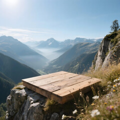 Picturesque Mountain Vista: A wooden platform perches precariously on a rocky cliff, offering breathtaking panoramic views of the rugged mountain range and serene valley below.