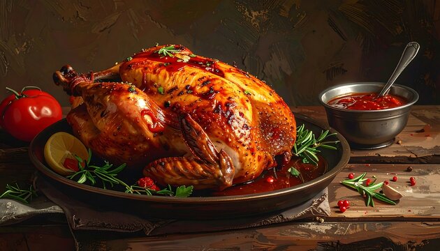 Delicious Roasted Chicken with Herbs, Tomato, and Sauce on a Wooden Table - Powered by Adobe