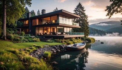 Obraz premium Lakeside Modern Home with Boat, home sits peacefully on the edge of a serene lake