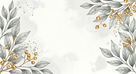 Elegant watercolor floral border with delicate leaves and golden berries on a soft parchment background
