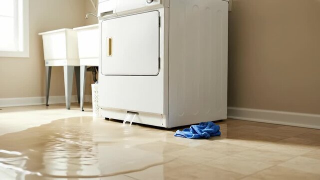 Damaged washing machine leaking water in a laundry room with utility sinks, illustrating pipe malfunction