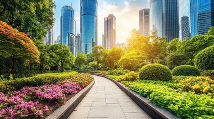 Fototapeta premium Green Urban Park with Walkway and Modern City Buildings