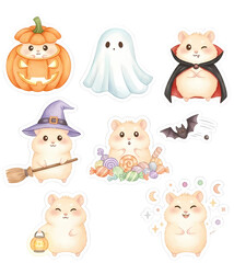 Fototapeta premium Cute hamsters in Halloween costumes with pumpkins and candy 
