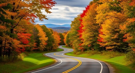 A winding road curves through a forest with the fiery red, orange, and gold foliage of autumn trees under a cloudy sky