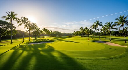 Lush green golf course with palm trees under a bright blue sky day
