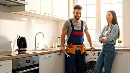 Plumber in uniform talking with woman in modern kitchen about plumbing service and repair, home appliance maintenance video.