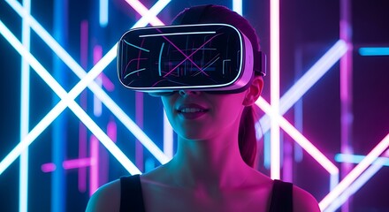 Smiling woman wears a sleek virtual reality headset, framed by a futuristic background of neon glowing lights