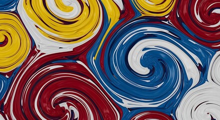 An abstract close-up texture of thick, swirling paint in vibrant primary colors: red, white, blue, and yellow creating a hypnotic marble pattern