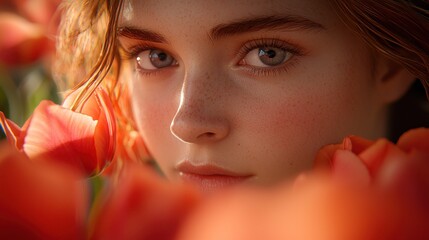 Girl with red hair and freckles among red tulip flowers, soft focus, serene look
