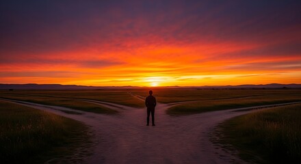 A solitary figure stands at a fork in a dirt road, silhouetted against a stunning sunset with vibrant orange and red skies