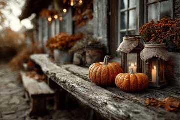 Lamps, pumpkins on a wooden table in the evening. Generative AI