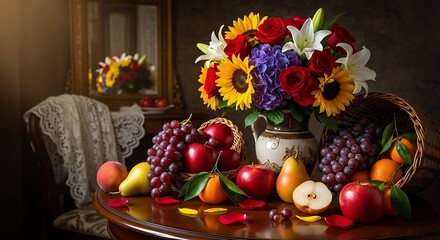 Still life with flowers and fruits on a wooden table arrangement art