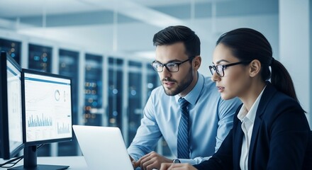 Modern business team analyzes data charts on computer screens in a sleek office, collaborating on strategies for success and growth in a dynamic market