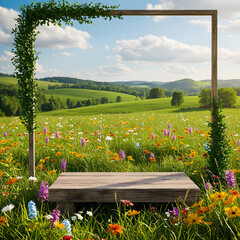 Floral Frame: A vibrant wildflower meadow in full bloom, framed by a wooden structure adorned with lush greenery, inviting a sense of tranquility and natural beauty.