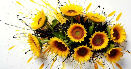Vibrant bouquet of sunflowers with artistic paint splashes on white background - Powered by Adobe