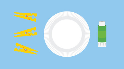 Disposable plastic plate and toothpaste on blue background. Vector illustration.