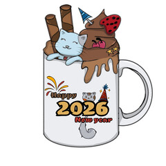 New Year 2026 Celebration Mug with Cat and Chocolate