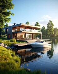 Obraz premium Lakeside Modern Home with Boat, home sits peacefully on the edge of a serene lake