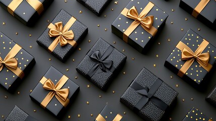 The image showcases an arrangement of stylish black gift boxes adorned with ribbons and bows, set against a dark background. Ideal for Black Friday advertising and holiday retail themes