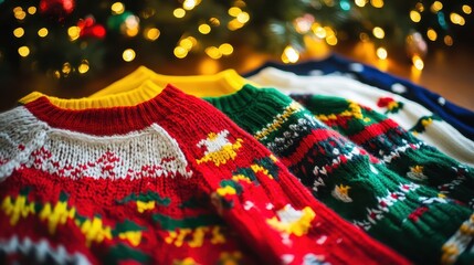 Fototapeta premium Festive knitted holiday sweaters displaying seasonal patterns