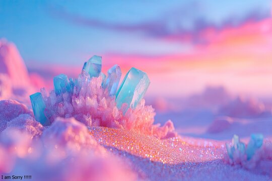 Discover stunning blue crystals shimmering in a pastel dreamscape of pink and lavender hues