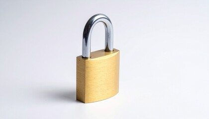 Naklejka premium Render a brass padlock with silver shackle standing upright on a clean surface, isolated against a white background to emphasize security, access control, and physical protection.