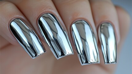 Hand showing long, polished, chrome-silver fingernails reflecting light