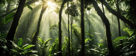 Sunlight streaming through dense rainforest with lush greenery.