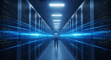 Step into the future of data management with this powerful server room scene, ideal for showcasing technology, innovation, and the digital world's backbone