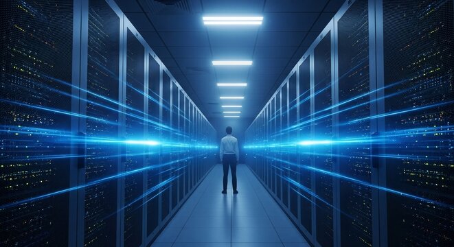 Step into the future of data management with this powerful server room scene, ideal for showcasing technology, innovation, and the digital world's backbone - Powered by Adobe