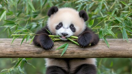 A panda sits comfortably on a wooden bench, munching bamboo shoots amidst lush greenery, showcasing its playful nature in natural sunlight
