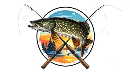 A detailed illustration features a fish leaping from water, with crossed fishing rods and a backdrop of a vibrant sunset and trees