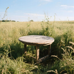 Old Wooden Table in Nature: A rustic, weathered wooden table stands solitary amidst tall, golden grasses in a sun-drenched field, embodying a sense of serenity and timelessness.