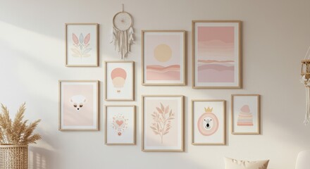 A collection of framed art prints adorns a light-colored wall, showcasing whimsical illustrations and pastel colors, creating a serene and inviting atmosphere within a modern interior design.